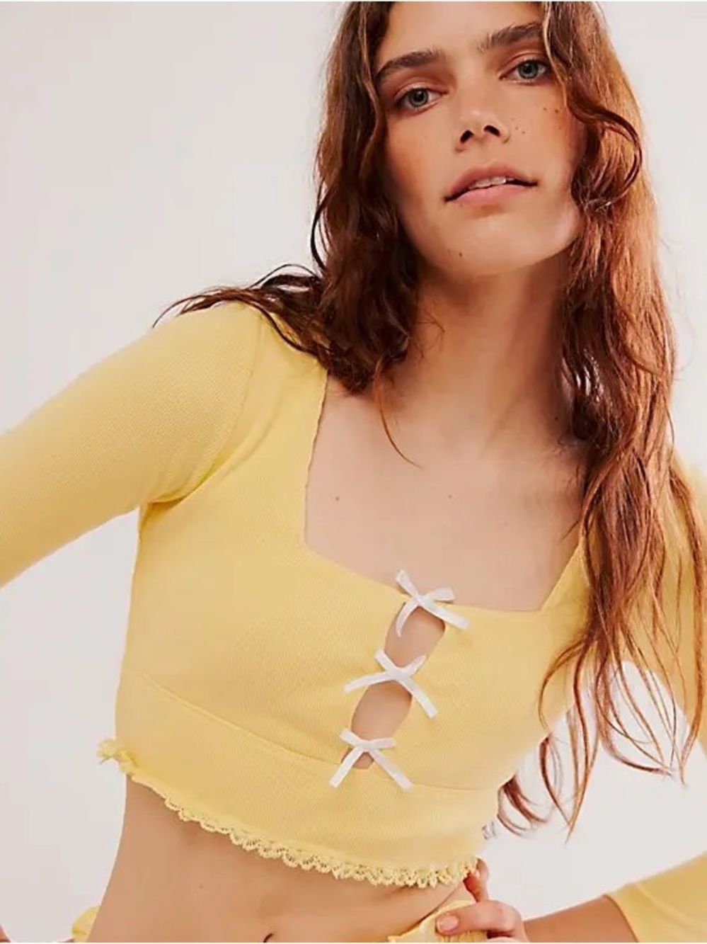Free People Dancing Queen Bow Front Open Back Crop Top | Butter Yellow | XS
